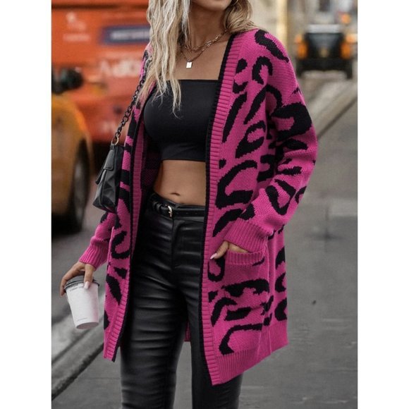 Leopard Print Open Front Knit Cardigan Pink - Picture 4 of 6